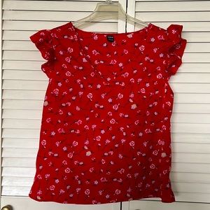 Red floral v-neck blouse, size Medium